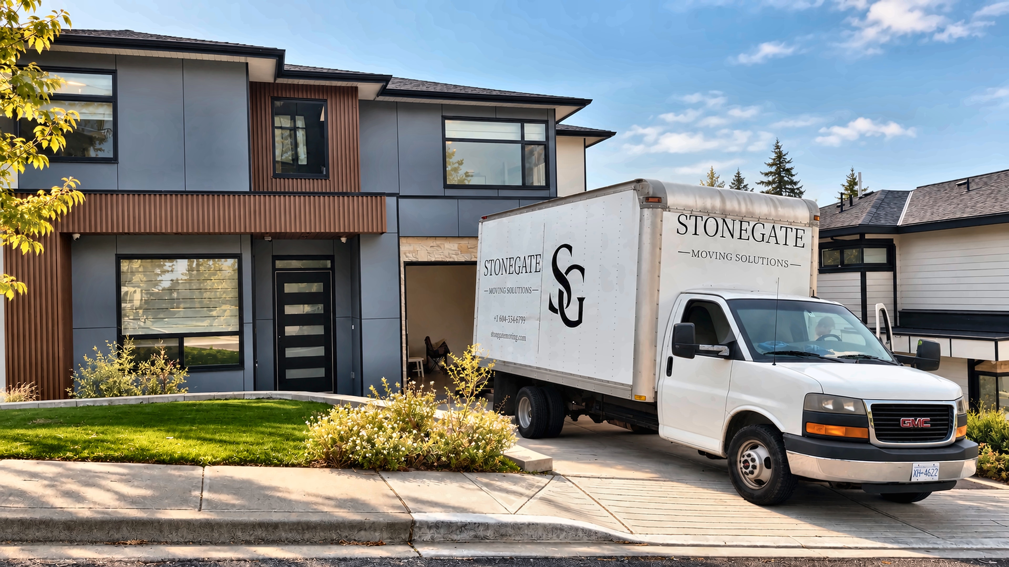 Stonegate moving truck in the driveway of a Maple Ridge house
