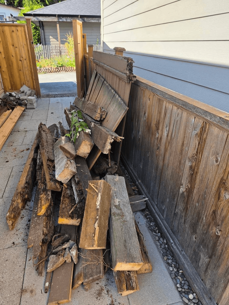 Old fence boards and posts piled in a side yard before removal