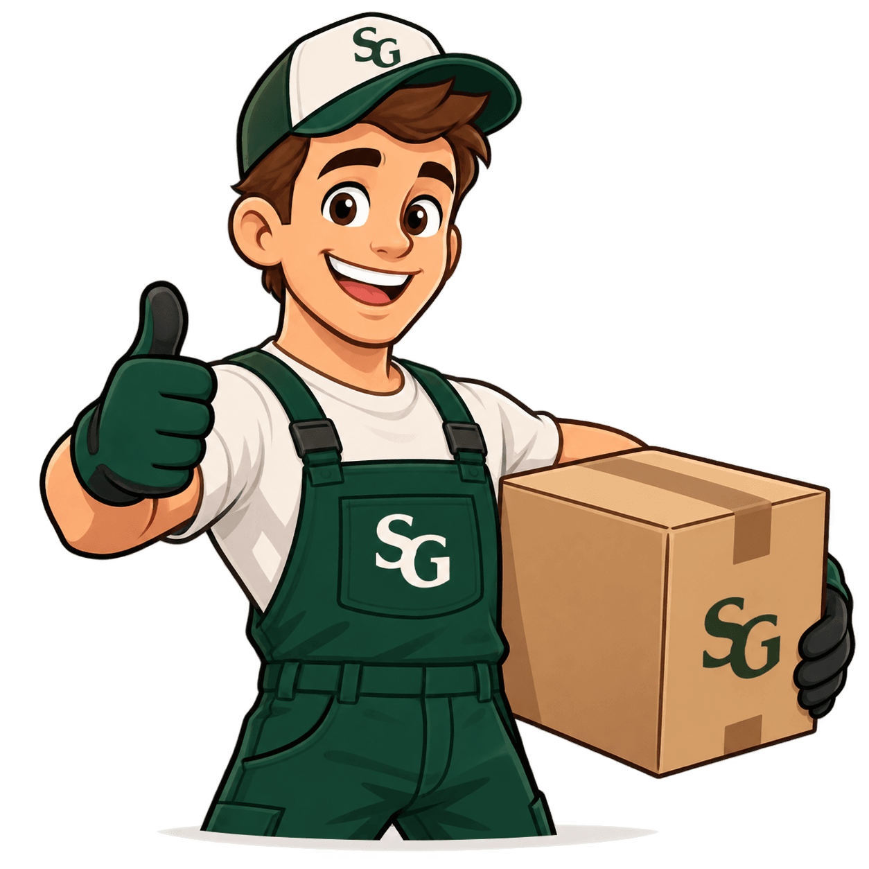 Stonegate mascot giving a thumbs up and holding a moving box