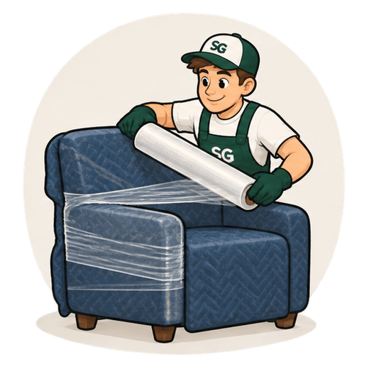 A Stonegate mover wrapping an armchair in a moving blanket and plastic wrap