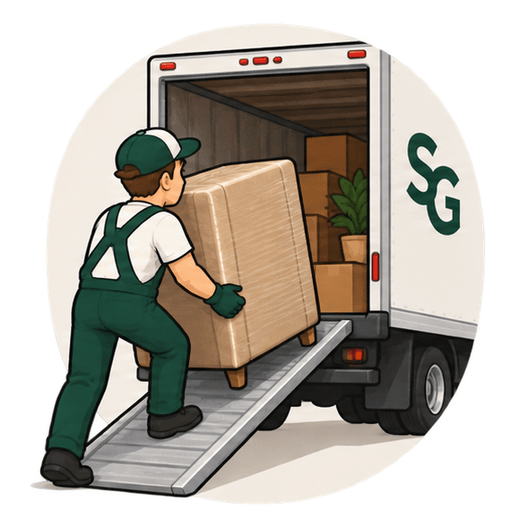 A Stonegate mover pushing a wrapped piece of furniture up the ramp into the truck