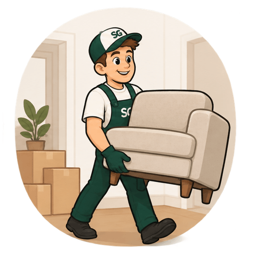 A Stonegate mover carrying an armchair into the new space