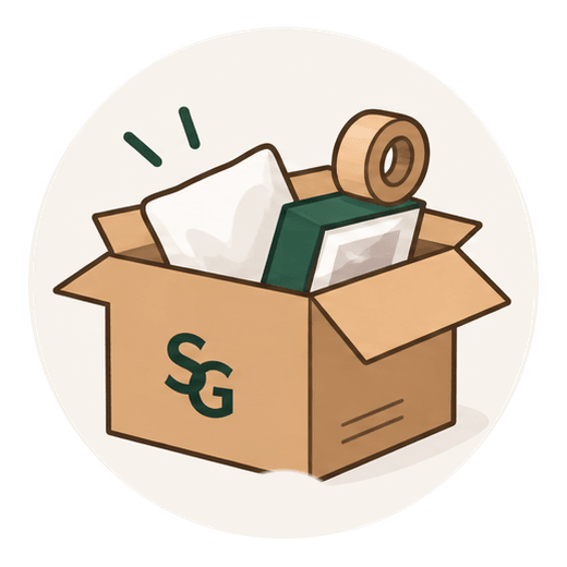 An open Stonegate box packed with a pillow, a picture frame and a roll of tape