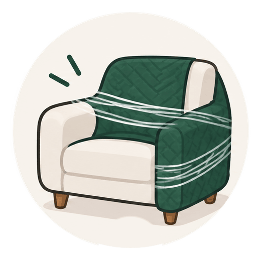 An armchair wrapped in a green moving blanket and plastic wrap