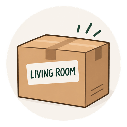 A taped moving box labelled Living Room